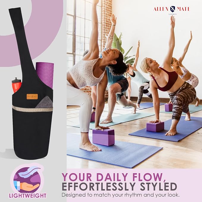 ALLEN & MATE 100% Cotton Canvas Yoga Mat Bag - Shoulder Strap Carrier Large Size Pocket Zipper Storage Yoga Bag holds more Accessories & Pilates Mats
