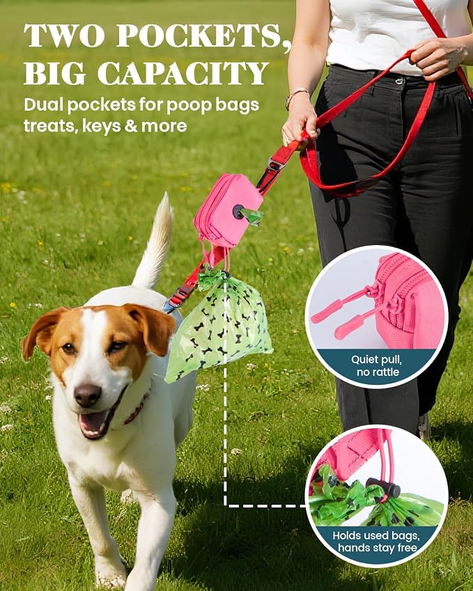 Dog Poop Bag Holder for Leashes, Pink Doggie Waste Bag Dispenser and Treat Holder, with Carabiner Hook and Poop Bag Clip, Used Waterproof Wear-Resistant Fabric and 2 Zippered Pouches for Walking