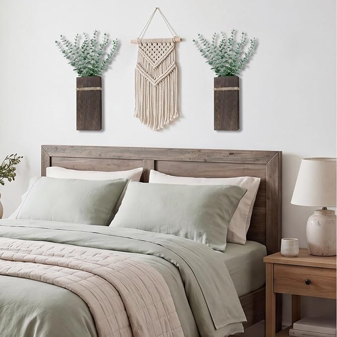 Wall Planters for Indoor Plants Set of 2, Rustic Boho Wood Wall Vases for Dried Flowers & Artificial Plants, Modern Farmhouse Home Decor for Living Room Bedroom Kitchen Dining Room - Dark Brown