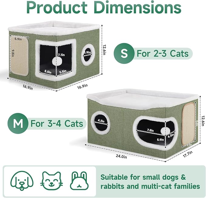 Shikha Extra Large Cat House Bed for Multi Cats with Scratch Pad Green | 24 x 17.7 x 12.6 IN Widen Cat Cave Cube for Multi Pets, Foldable, Arc-Edge Design, Oval Door, All Seasons Reversible Cushion