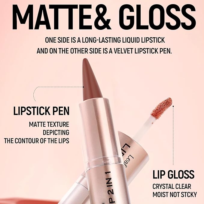Lip Set - 2 in 1 Double Ended Lip Gloss Set, Nude Lip Mirror Effect, Velvet Matte Lip Liner, Long Lasting - Plumping - Moisturizing - Lip Effect, For Women, Chocolate & Cherry Red (2PCS)