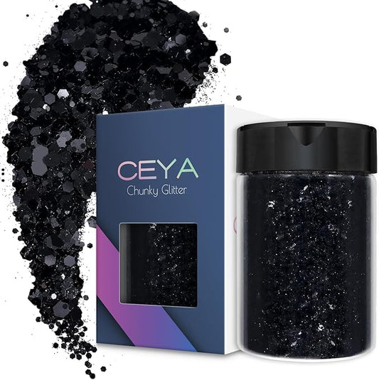 Ceya Chunky Glitter, 4.9oz/ 140g Black Craft Glitter Powder Mixed Fine Flakes Iridescent Nail Sequins for Nail Art, Hair, Epoxy Resin, Tumblers, Slime, Painting, Festival Decor