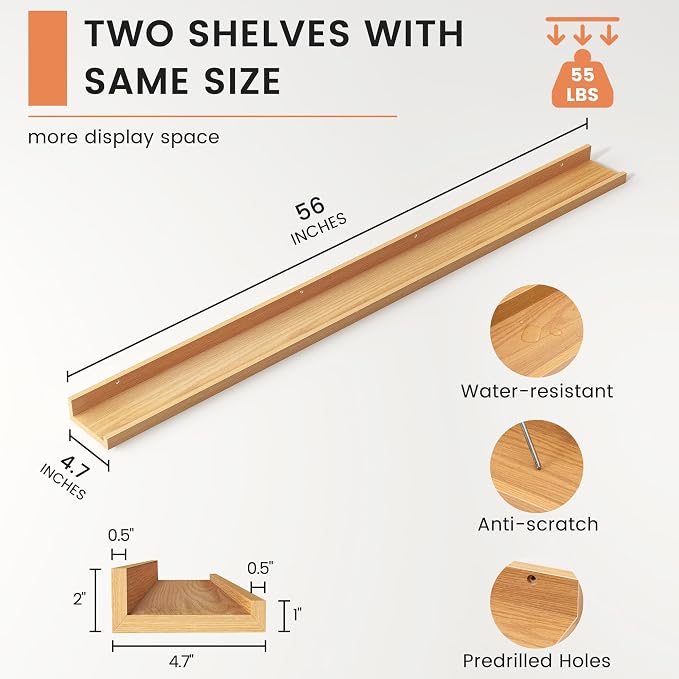 Picture Ledge Shelf, Long Floating Shelves for Wall, 56" W Set of 2, Oak | FSC Certified Engineered Wood, Wall Mounted Bookshelf, for Nursery Living Room Bedroom, Easy Install