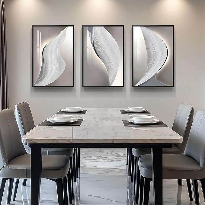 Large Framed Abstract Modern Wall Art for Living Room, 3 Piece Minimalist Grey and Silver Prints Wall Decor, Bright Style Artwork Paintings Pictures for Dining Room Hallway Office, 24x36 Inch