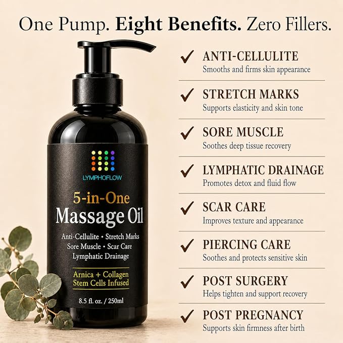 5-in-1 Lymphatic Drainage Massage Oil for Massage Therapy - Helps Smooth The Appearance of Cellulite & Improve Skin Texture- Post Surgery Recovery & Lipo, BBL, Tummy Tuck, Fibrosis Treatment -8.5Oz