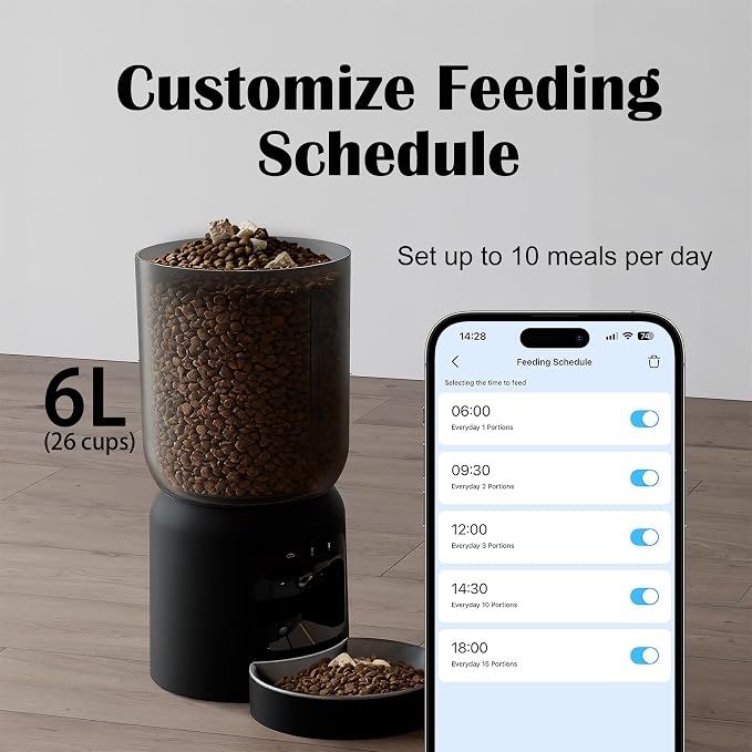 Automatic Cat Feeder with 2K Camera: Cat Food Dispenser with 6L Capacity, Container for Multiple Pet; Automatic Dog Feeder with Night Vision Support 5/2.4GHz & 2-Way Audio, Anti-Jam Design (Black)
