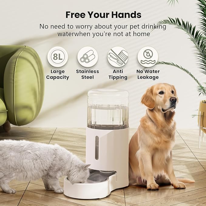 CZPET Automatic 8L Dog and Cat Water Dispenser Gravity Waterer | With Stainless Steel Bowl Gravity Waterer, Large Capacity and Drinking Area Noise-Free for Pets