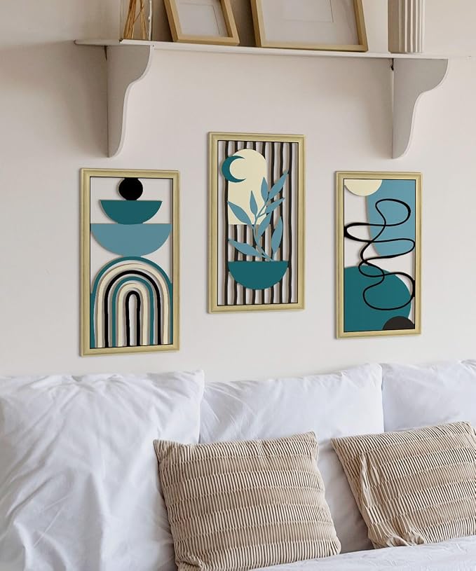 Putuo Decor Boho Wall Art Set of 3 Modern Minimalist Wooden Wall Decor Abstract Geometric Room Decorations Mid Century Artwork for Living Room Bedroom Office in Blue Tones 16.5 x 8.6 Inch