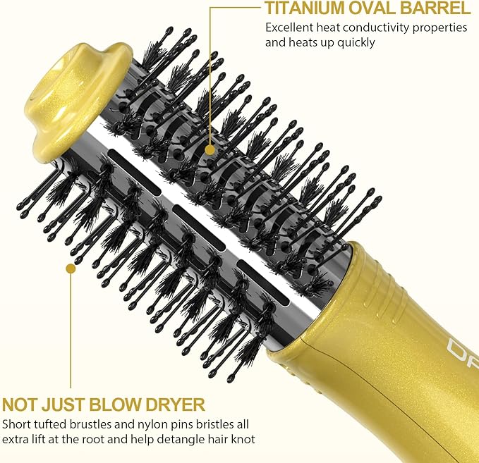 DAN Technology Dual Voltage Hair Dryer Brush Hot Air Brush, 2 inch Hair Blow Dryer Brush, Ionic Oval Barrel for Smooth