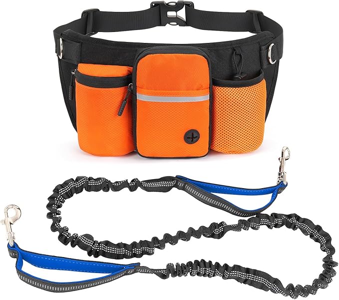 Hands Free Dog Leash Waist Pack with Bungee & Treat Pouch Oxford Water-Resistant Multi-Pocket Belt for Walking Hiking Jogging and Dog Walking (Orange)