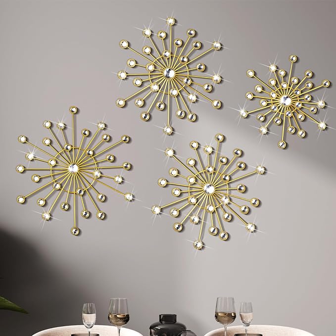 Blulu 4 Pcs Metal Wall Decor Bling Crystal Wall Art Cast Iron Rhinestones Sunburst Decor Starburst Art Hanging Diamond Accents Home Decorative for Living Room Bedroom Entryway(Gold)