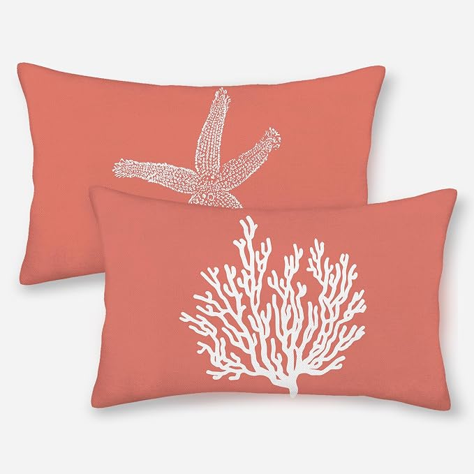 Coastal Pillow Covers 12x20 Set of 2 Orange Coral Starfish Throw Pillows Nautical Ocean Decorations Summer Linen Beach Pillowcase Outdoor Decor Farmhouse Lumbar Cushion Case for Couch Home