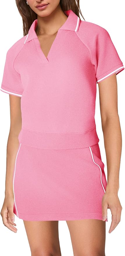 Womens Workout Sets 2 Piece Outfits V Neck Short Sleeve Polo Shirt and Tennis Skort Set with Pockets