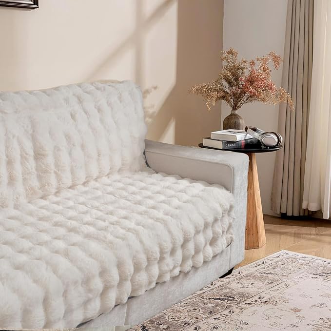 Dogs/Cats Bed Mats, Dog Pad Washable Removable Couch Cover with Anti-Slip Back, Plush Long Fur Mat, Perfect for Small, Medium and Large Dogs.(White-Bubble, 52"x82")