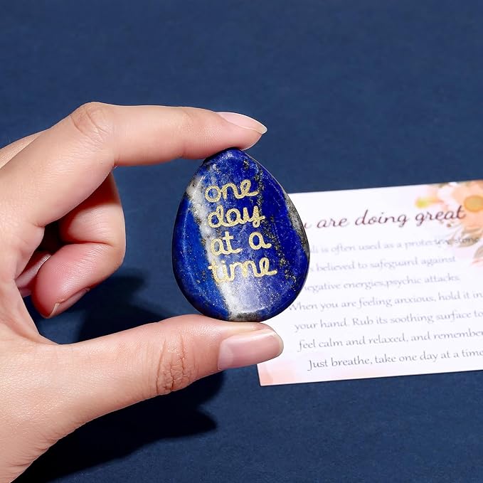 One Day at A Time Lapis Lazuli Thumb Worry Stone for Anxiety Crystals Hand Thumb Stones Pocket Thinking of You Gifts for women Inspirational Worry Stones for Stress Relief Sobriety Gifts for Her