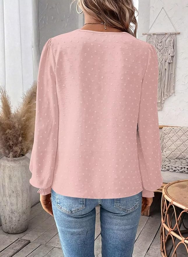 Womens Tops Swiss Dot Boho Long Sleeve Shirts V Neck Casual Chiffon Blouses Flowy Lace Hem Cute Clothing Trendy 2026