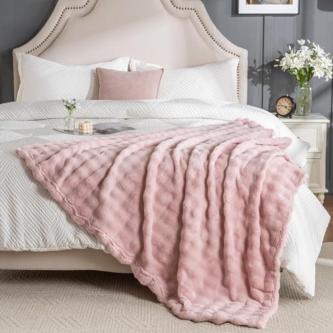 Faux Fur Bed Blankets Queen Size Pink, Soft Fluffy Bubble Blanket for Couch Sofa, Thick Warm Plush Fuzzy Rabbit Fur Large Blanket for All Season Use, 90"X 90"