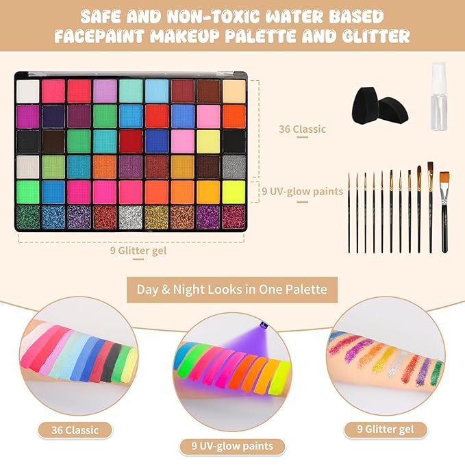 Pintada 54 Color Face Painting Kit for Kids - Non Toxic Water Activated Face Paint Palette with Stencils, Brushes, Gems & Book. For Halloween, Carnival, Party; Costume Makeup for Creative Activities