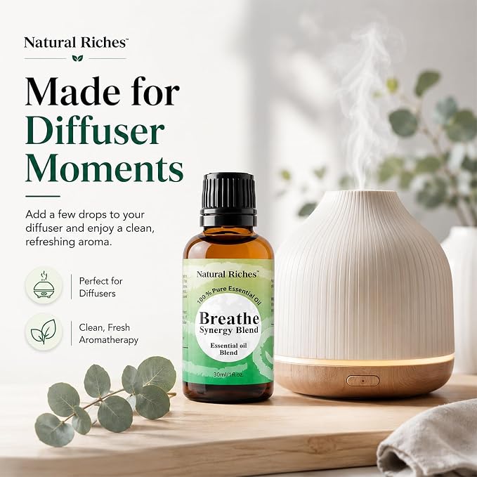 Natural Riches Breathe Essential Oil Blend Breathe Easy with Peppermint Eucalyptus Tea Tree Lemon Cardamom Pine Needle Essential Oils - 30 ml