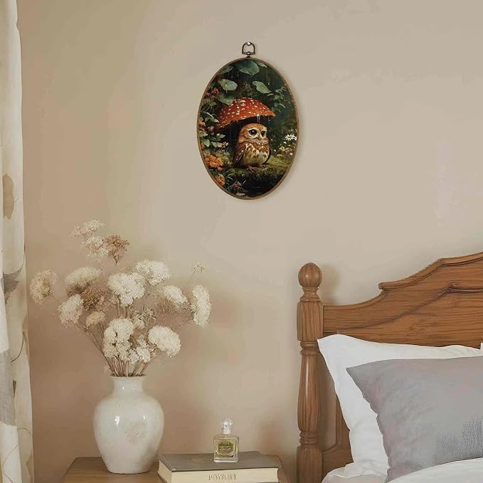 LKETW Vintage Owl Mushroom Oval Wall Art Decor, Whimsical Dark Cottagecore Oval Canvas Hanging Decor, Moody Botanical Forest Mushroom Bird Wall Decorations for Home Bedroom Living Room, 8.6x11.4 Inch
