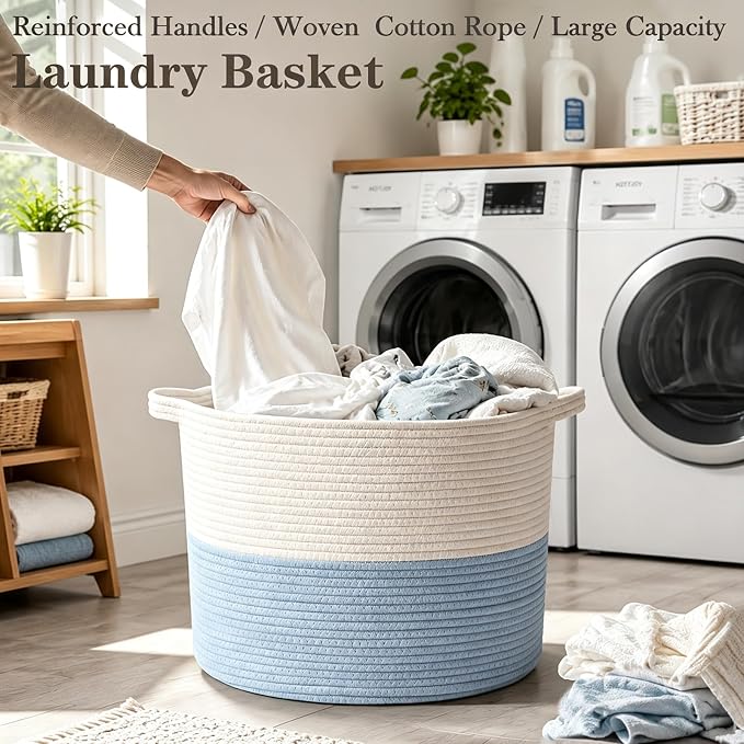 115L Extra Large Woven Blanket Basket, Laundry Hamper-White&Blue | Collapsible, reinforced handles, nursery storage bin organizes clothes, toys and pillows for living room, bedroom bathroom
