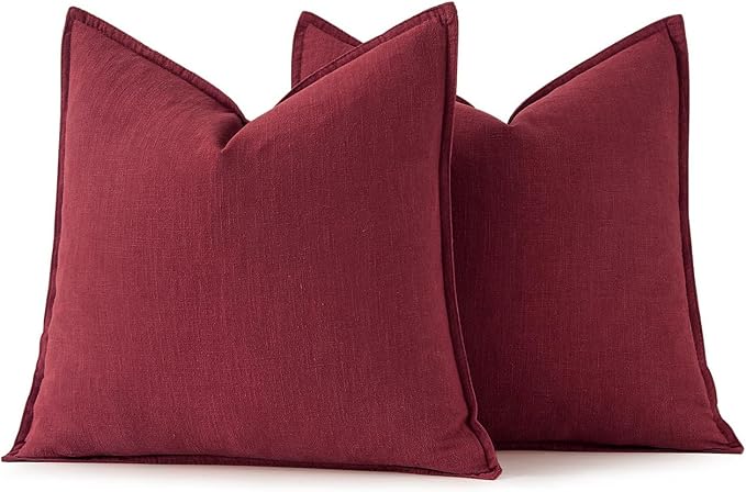 MIULEE Decorative Linen Pillow Covers 22x22 Inch Burgundy Red | Boho Farmhouse Christmas Couch Throw Pillows for Bed, Pack of 2 Accent Modern Pillowcases, Sofa Livingroom Home Decor