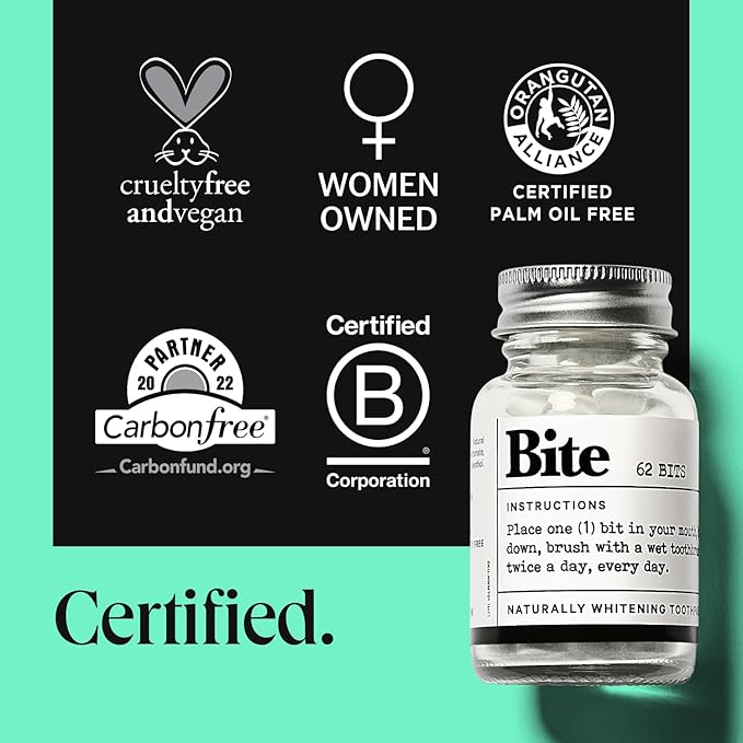 Bite Whitening Toothpaste Tablets – 2 Months – Fluoride Free, Nano Hydroxyapatite + Xylitol, Mint – Vegan, Cruelty-Free, Made in USA, Sensitive Teeth, Travel Size, Adults, Kids, (2 Bottles, 124 Tabs)