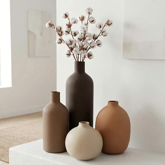 Ceramic Vase Set of 4, Decorative Neutral Modern Flower Vases for Home Decor, Living Room, Shelf Decor, Bookshelf, Kitchen, Centerpiece, Table, Bedroom, Office, Farmhouse