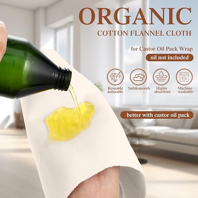 30 Pcs Organic Cotton Flannel for Castor Oil Pack Wrap Unbleached Reusable Castor Oil Wrap Soothing Heat Compress Soft and Highly Absorbent for Abdomen Liver Joints and Other Areas