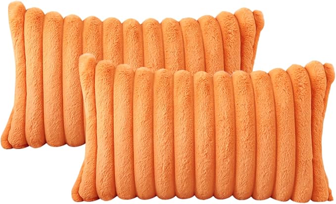 Soleebee Set of 2 Throw Pillow Covers Soft Cozy Velvet Pillowcase Faux Rabbit Fur Cover for Couch Sofa Bed Chair Home Decorative Pillows Cover (12x20 Inch, Orange)