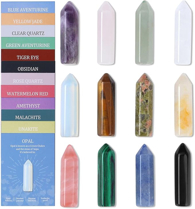 DUQGUHO Tower Crystals and Healing Stones 1 inch Crystal Tower Ornaments Set Energy Balancing Gemstones Meditation Polished Stone Christmas Ornaments Crystal Gifts for Women 12PCS