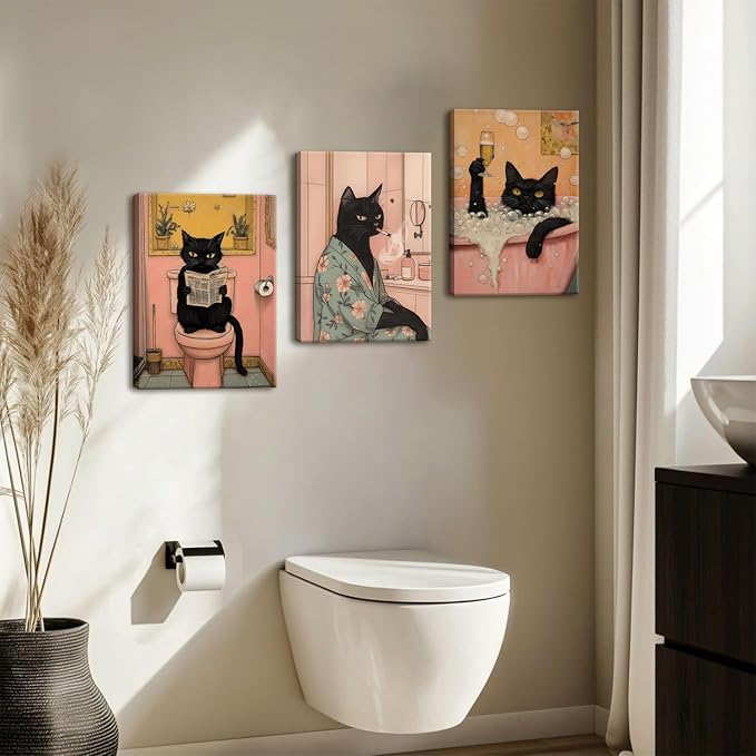Funny Japanese Black Cat Bathroom Wall Art, Cute Japan Cat in Bathtub Wall Decor Paintings Funky Animal on Toilet Reading Newspaper Poster Canvas Prints Artwork 16x24 inch Framed