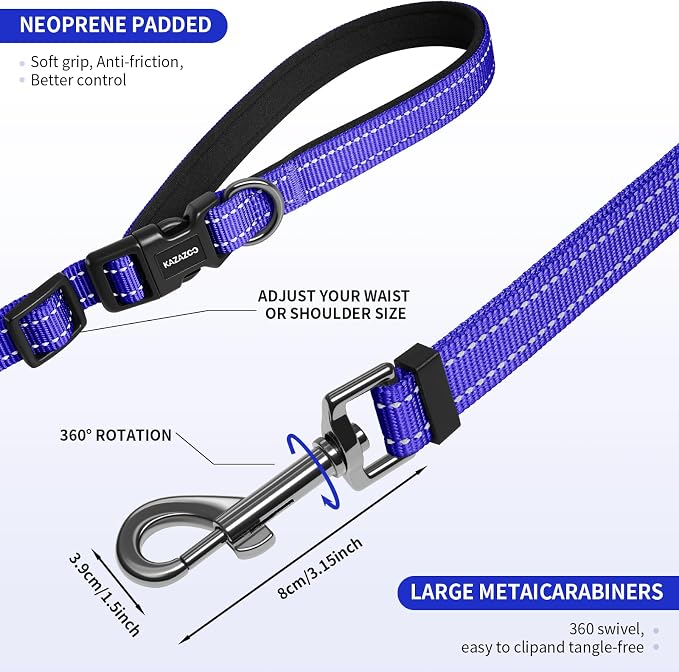 Kazazoo Hands-Free Dog Leash Adjustable Length 5-8 Ft,Crossbody & Waist for Dog Walking, Running for Small Dogs with Reflective Strips, Ballistic Nylon, Waist Belt, Lightweight Blue
