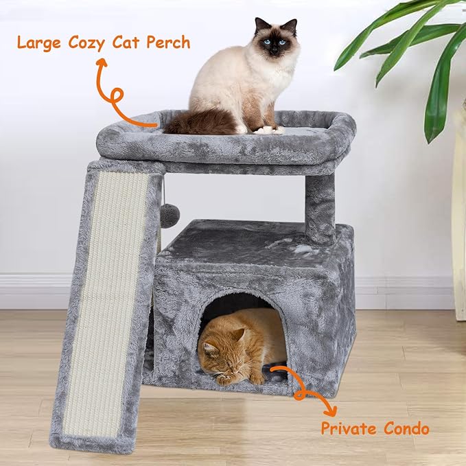 Small Cat Tree for Indoor Cats, Cat Tower with Scratching Post and Board, Cat House with Perch for Kitten, Stable Condo and Stand (Light Grey)