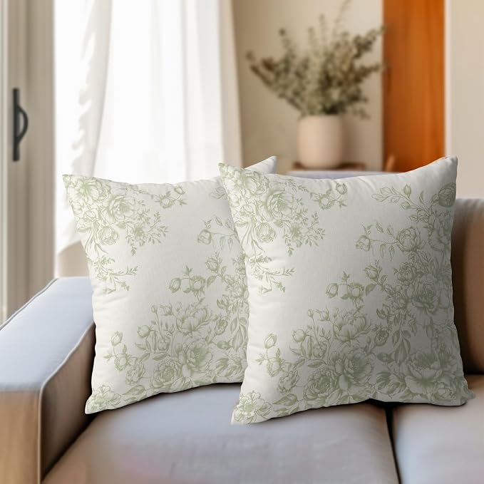 Kawani Chinoiserie Floral Throw Pillow Covers 22x22 Set of 2 Oriental Vintage Green Flowers Decorative Square Pillow Cases Cotton Linen Cushion Cover for Bedroom Sofa Couch Home Decor