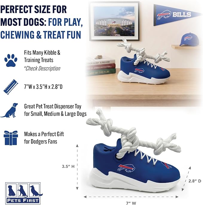 Pets First NFL Buffalo Bills Cleat Sneaker Spike Dog Toy, Football Treat Dispenser Chew Toy for Dogs, Interactive Rope Tug Toy, Slow Feeder Natural Rubber Dog Toy with Official Team Logo