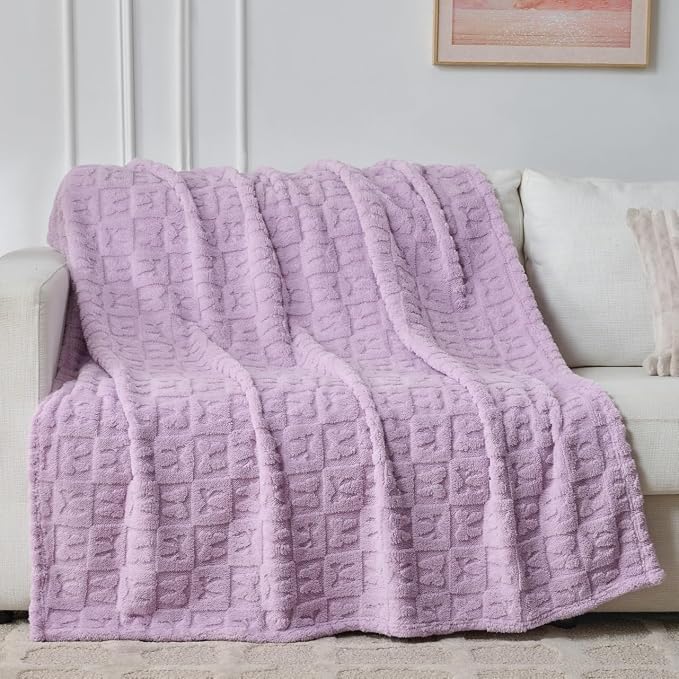 Lavender Plush Throw Blanket 50 x 60 Inch, Soft Fuzzy Fleece Blanket with Purple Bow, Cozy Decorative Blanket for Couch, Sofa, Bed and Bedroom