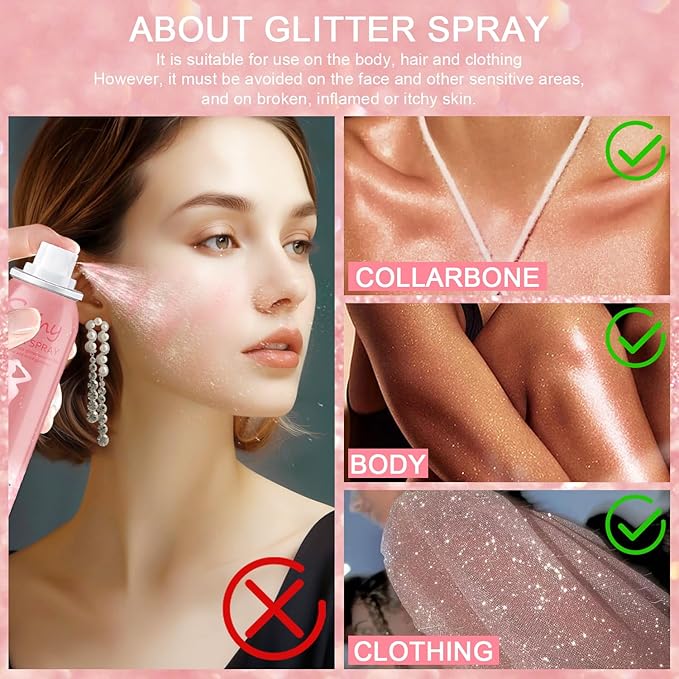 Hair and Body Glitter Spray, Holographic Glitter Highlighter Powder, Hairspray for Clothes, Face Body Shiny Glitter, Loose Shimmer Hairspray Festival Rave Prom Accessories, 2.11 Fl Oz (Pink)