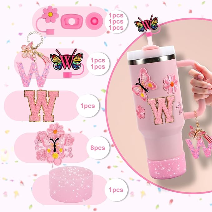 15PCS Cup Accessories Set for Stanley Cup 30oz 40oz Tumbler with Handle, Including Silicone Straw Cover and Boot, Spill Proof Stopper, Stanley Charms, Handle Charm, Initials Sticker
