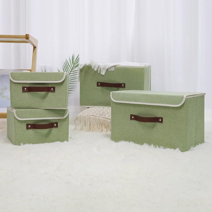 ANMINY Fabric Storage Box Bins with Lids, Green, 13"x9"x7.9", 2 Pack | Keepsake Memory Storage, Cotton Linen, PP Board Reinforced, Washable, PU Handles, Foldable & Stackable, Decorative, Medium