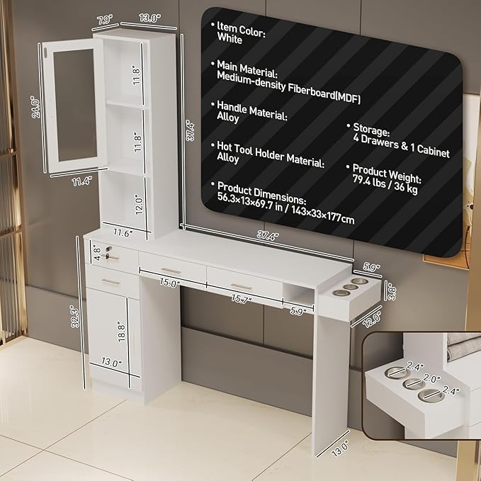 advwin Wall Mount Salon Station for Hair Styling, Barber Station with Hair Dryer Holder, Drawers, Cabinet, Salon Furniture Storage Equipment Without Mirror
