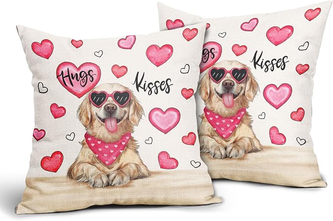Valentine's Day Dog Pillow Covers 24X24 Inch Set of 2 Golden Retriever Hugs Kisses Pink Heart Decorative Pillow Cases Anniversary Wedding Cushion Case Valentine Party Home Decor for Sofa Couch