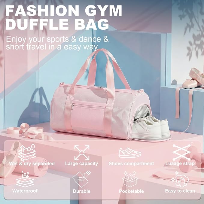 Gym Bag Sports Duffle Bag with Wet Pocket Weekender Overnight Bags with Waterproof Shoe Pouch and Air Hole for Girls Kids Women Workout Travel Bags (Light Pink)