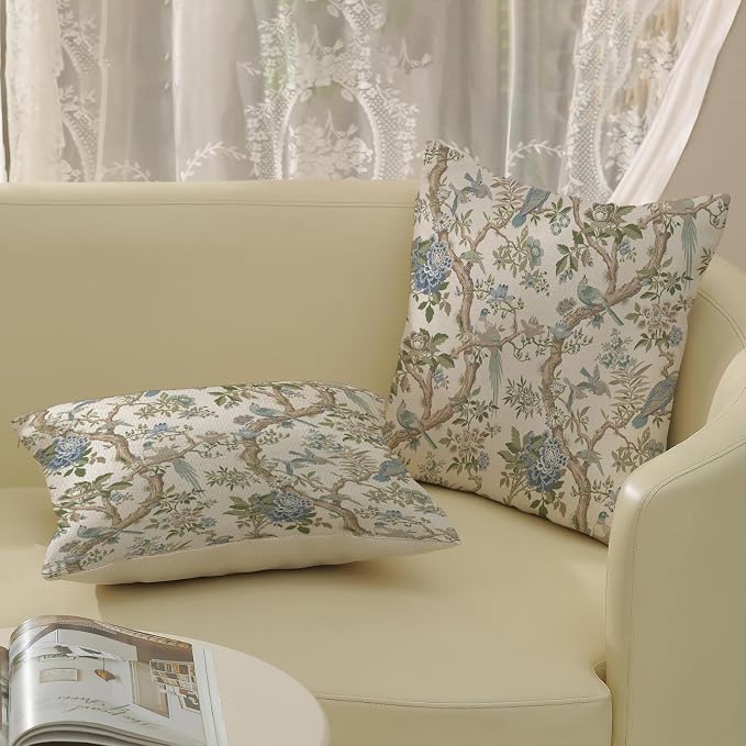Blue Green Floral Bird Pillow Covers 24x24 Set of 2 Chinoiserie Throw Pillows Green Vintage Flowers Bird Decorative Pillow Cases Outdoor Chinoiserie Decor Farmhouse Cushion Case for Couch Sofa