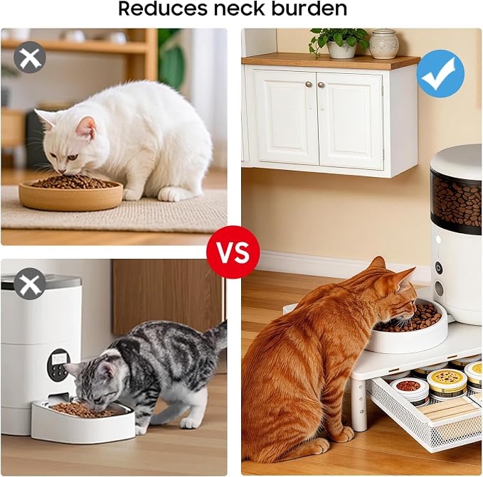 W‌SOWX Adjustable Automatic Cat Feeder Stand, Elevated Cat Food Stand,White | With Drawer and Cat Food Mat,Raises Feeder/Bowls by 4.1"/4.9"/5.7",Relieves Spine and Joints Noticeably on Pets-Sturdy Metal