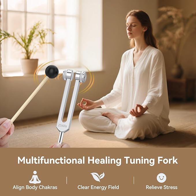 Tuning Forks for Healing Set (128Hz, 256Hz, 512Hz), with Percussion Hammer Mallet, Crystal Base & Storage Pouch, Sound Therapy Instrument for Chakra/Yoga/Meditation