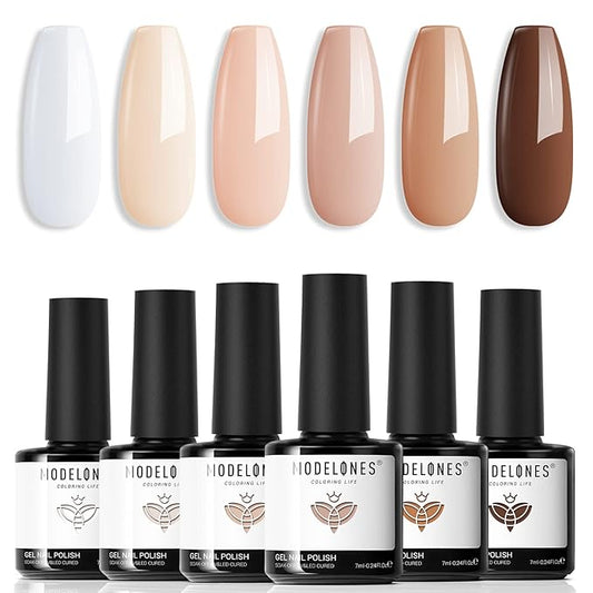 modelones Gel Nail Polish Set- 6 Colors White Nude Brown Gel Polish Skin Tone Neutral Beige Tan Taupe Nail Polish Kit Popular ALL Seasons Soak Off Soapnails Nail Art Manicure DIY Salon Gift for Women