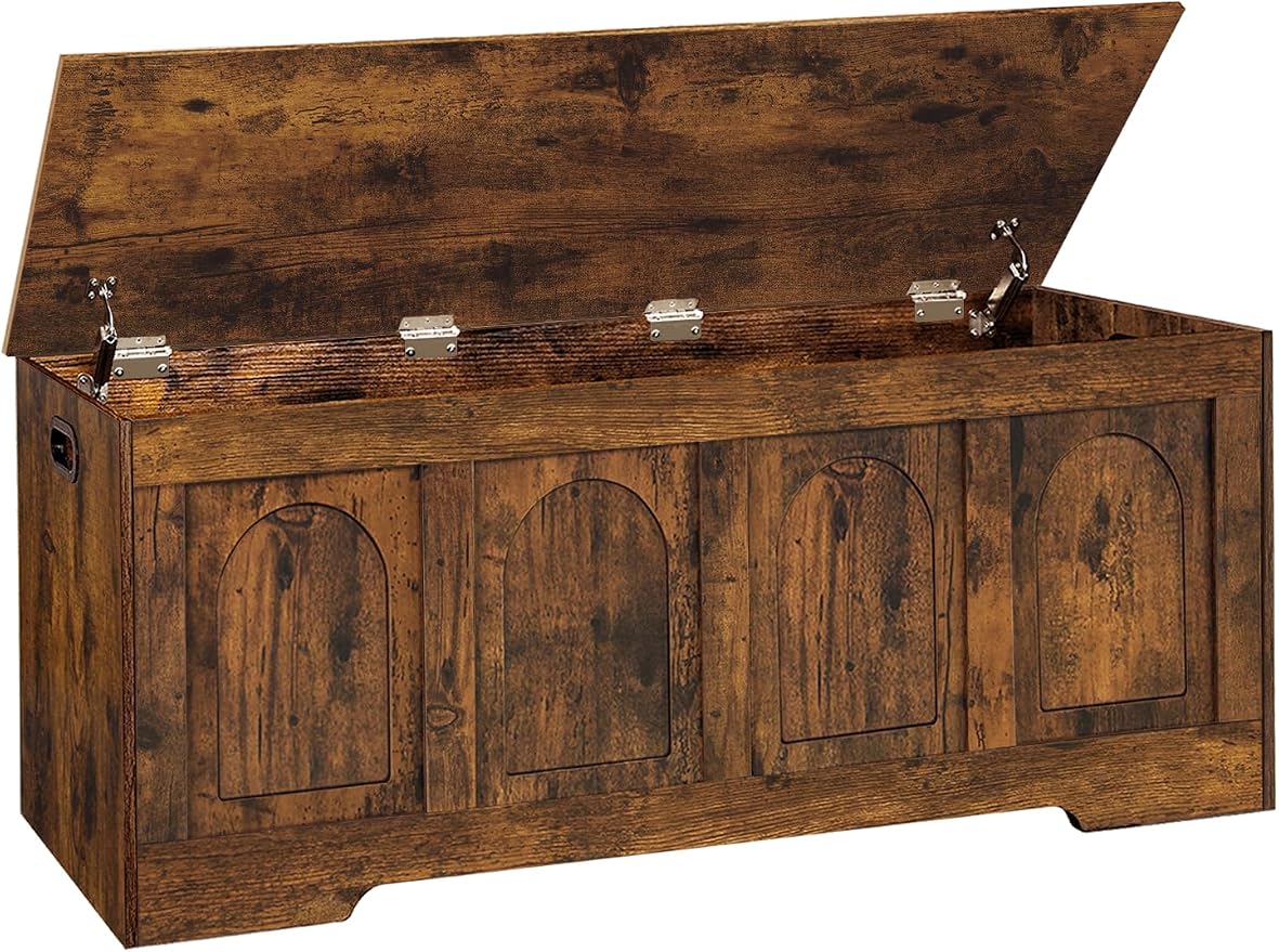 Storage Chest, Wooden Toy Box, Rustic Brown 47.2" L | Entryway Shoe Bench, 2 Soft-close Hinges, Finger-safe Flip-Top Lid, Easy Assembly, Farmhouse Large Trunk, Living Room/Bedroom