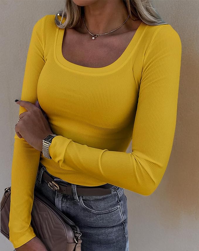 Roselux Womens Long Sleeve Scoop Neck Ribbed Knit Fitted Casual Tops Tee Slim Basic Shirts