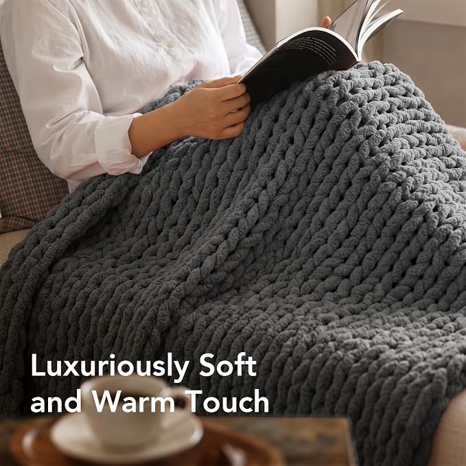 L'AGRATY Chunky Knit Throw Blanket for Couch, 50 x 70 Inches, Dark Grey | Handmade Chenille Crochet Blanket for Sofa Bed, Thick Cable Knitted Blankets for Room Home Decor, Birthday Gift for Women Mom